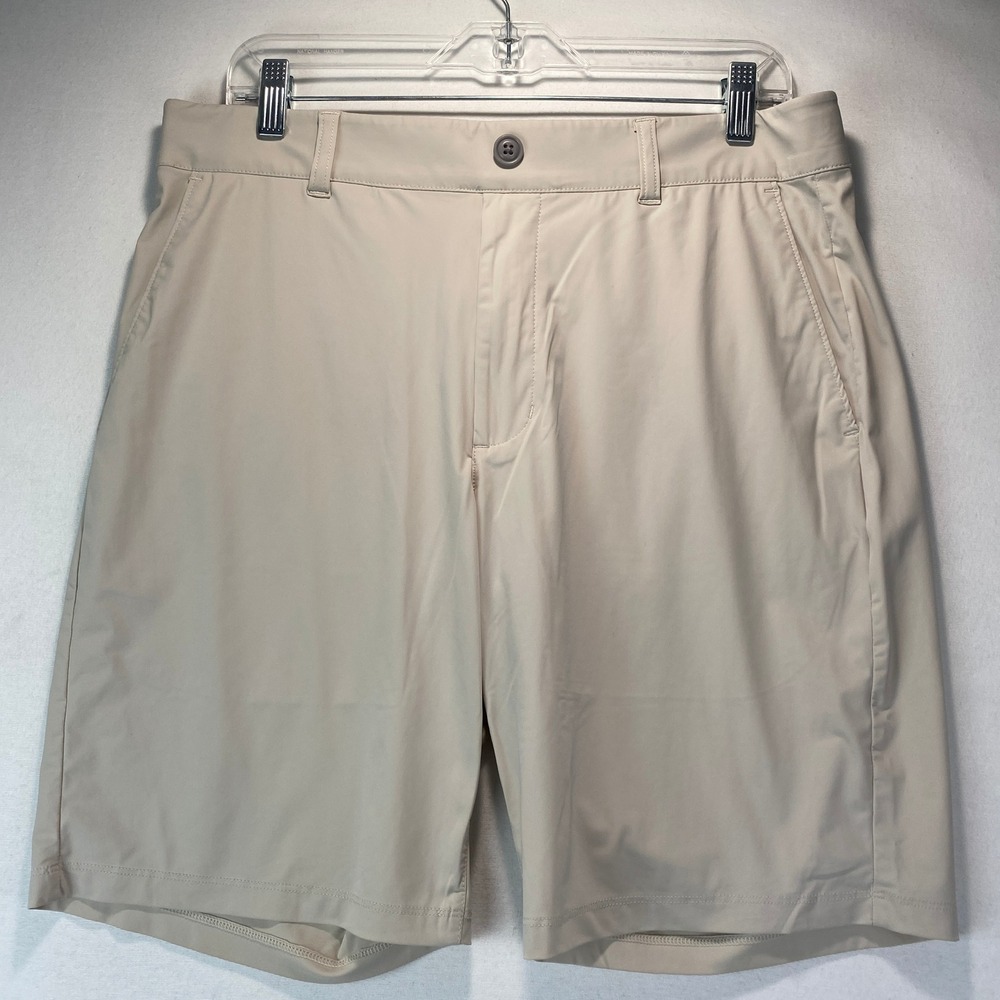 Johnnie-O Performance Shorts Mens 34 Beige Nylon Stretch Golf Flat Front Pockets